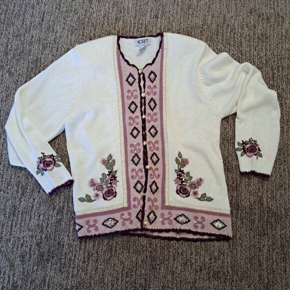 Vintage Women's Medium Embroidered Crochet Floral Cardigan Sweater Embellished - Picture 1 of 11